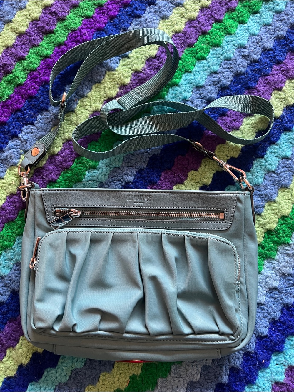 MZ Wallace Sage Blue Green Pleated Crossbody Bag with Silver Hardware